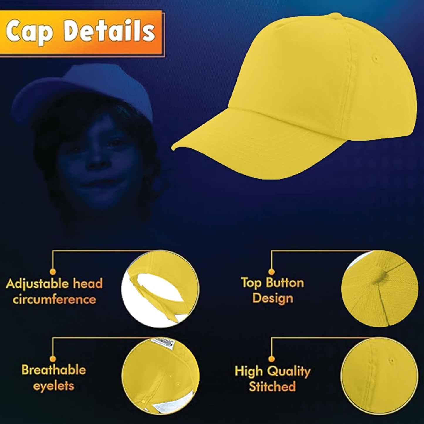 Yanek Kid's Baseball Cap with Velcro Closure Plain Cap for Boys & Girls | 100% Cotton, Ultra-Soft | Adjustable, Comfortable & UV protection 5-Panel