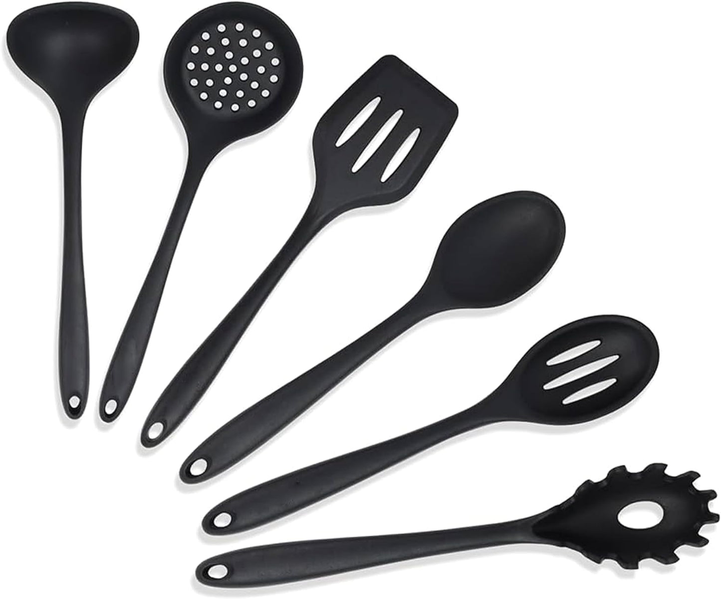 Yanek 6-Piece Silicon Kitchen Utensil Set - Non-Scratch Slotted Spatula, Slotted Spoon, Spaghetti Server, Serving Spoon, Soup Ladle for Cooking, Stirring, & Serving - Perfect Nonstick Cookware (Black)