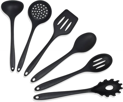 Yanek 6-Piece Silicon Kitchen Utensil Set - Non-Scratch Slotted Spatula, Slotted Spoon, Spaghetti Server, Serving Spoon, Soup Ladle for Cooking, Stirring, & Serving - Perfect Nonstick Cookware (Black)