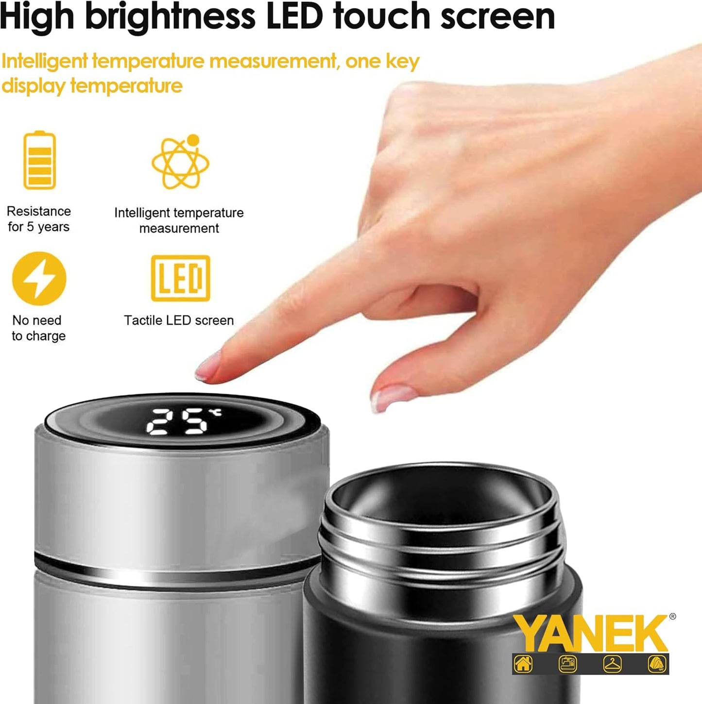 Yanek Smart Water Bottle Stainless Steel – Travel Mug with Smart LCD Touch Screen Temperature Display, Leak-Proof, Hot & Cold Beverage Flask, Ideal for Trave, Gym, Office, & Daily Use (BLACK)