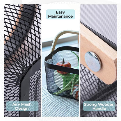 Yanek Metal Mesh Storage Basket with Wooden Handle - The Perfect Blend of Style and Durability for Organizing Your Home, Office, and More (White)