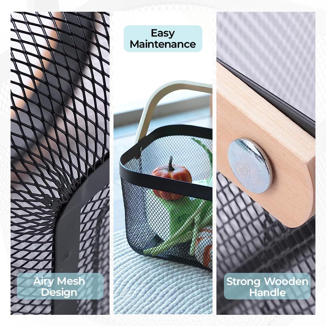 Yanek Metal Mesh Storage Basket with Wooden Handle - The Perfect Blend of Style and Durability for Organizing Your Home, Office, and More (White)