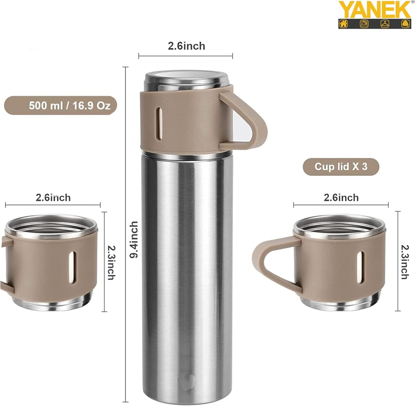 YANEK 500ml Stainless Steel Vacuum Thermos flask with Silicone Handle and Insulated Water bottle with 2 stainless steel cups set for Hot and Cold Outdoor travel | Gift box (1 PACK, PINK)