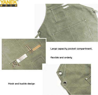 YANEK Chef Apron Cotton Canvas Cross Back Adjustable Apron with 3 Pockets Waterdrop Resistant | for Chef, Artist Painting, Baker, Barista, Bartender, Restaurant, BBQ Aprons for Unisex