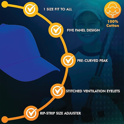 Yanek Kid's Baseball Cap with Velcro Closure Plain Cap for Boys & Girls | 100% Cotton, Ultra-Soft | Adjustable, Comfortable & UV protection 5-Panel