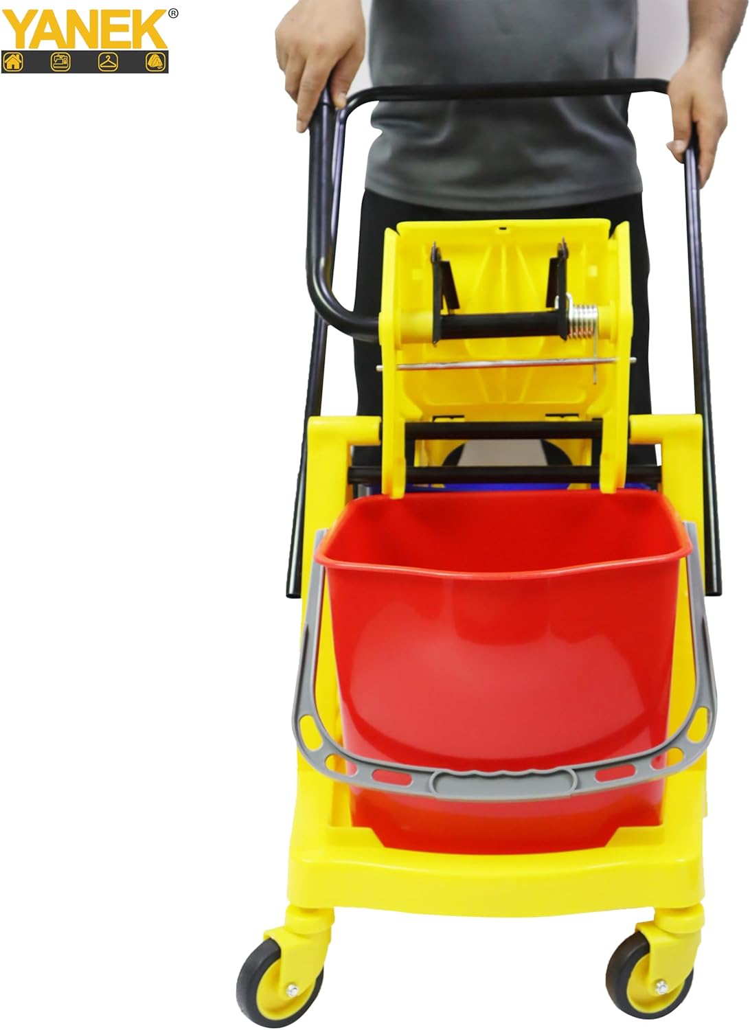 YANEK Floor Cleaning Double Mop Bucket with Trolly and Wringer, 4 wheel Mop Bucket Trolley for Home, Office, Commerical use - 34 Liters