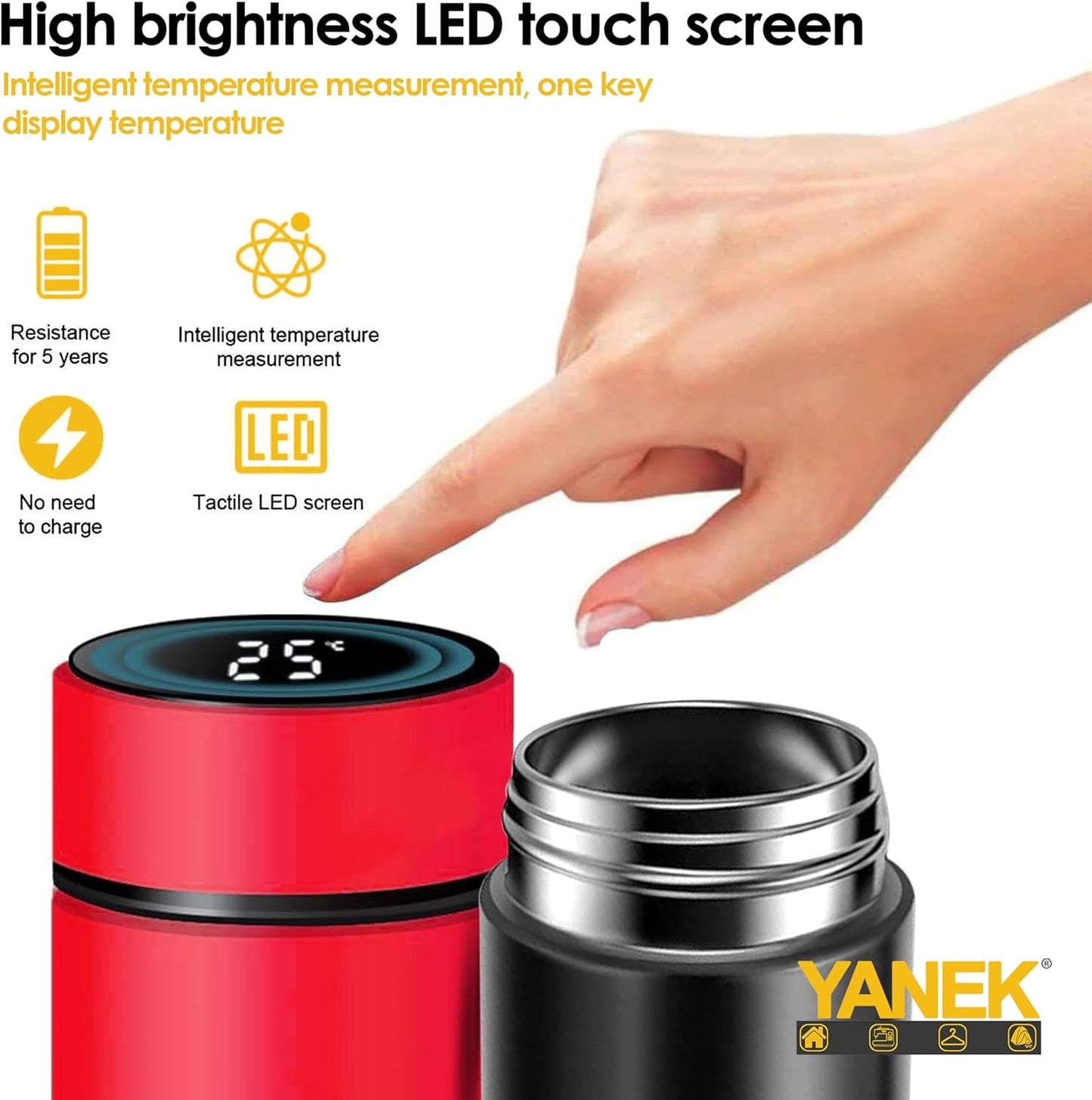 Yanek Smart Water Bottle Stainless Steel – Travel Mug with Smart LCD Touch Screen Temperature Display, Leak-Proof, Hot & Cold Beverage Flask, Ideal for Trave, Gym, Office, & Daily Use (BLACK)