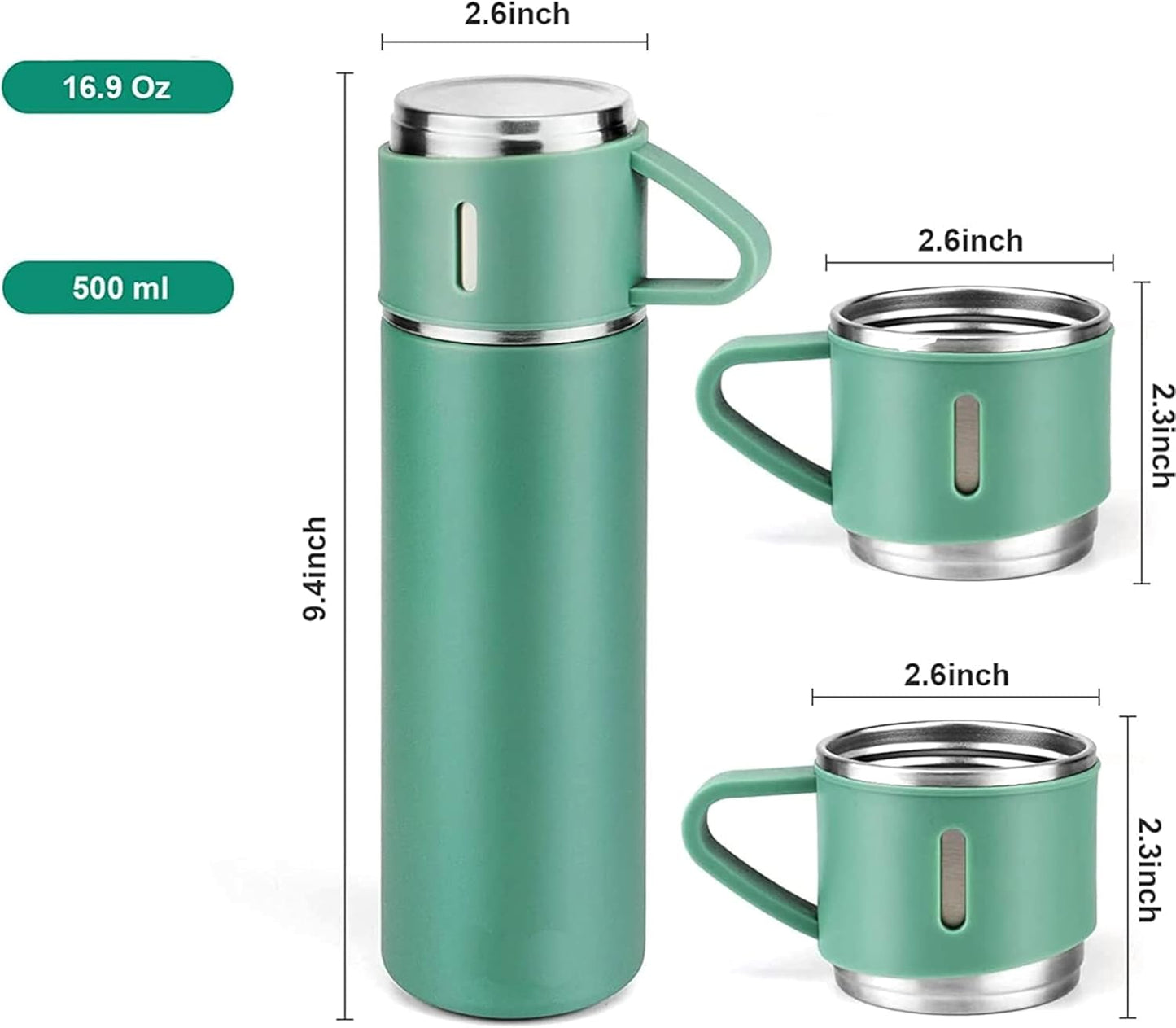 YANEK 500ml Stainless Steel Vacuum Thermos flask with Silicone Handle and Insulated Water bottle with 2 stainless steel cups set for Hot and Cold Outdoor travel | Gift box (1 PACK, PINK)