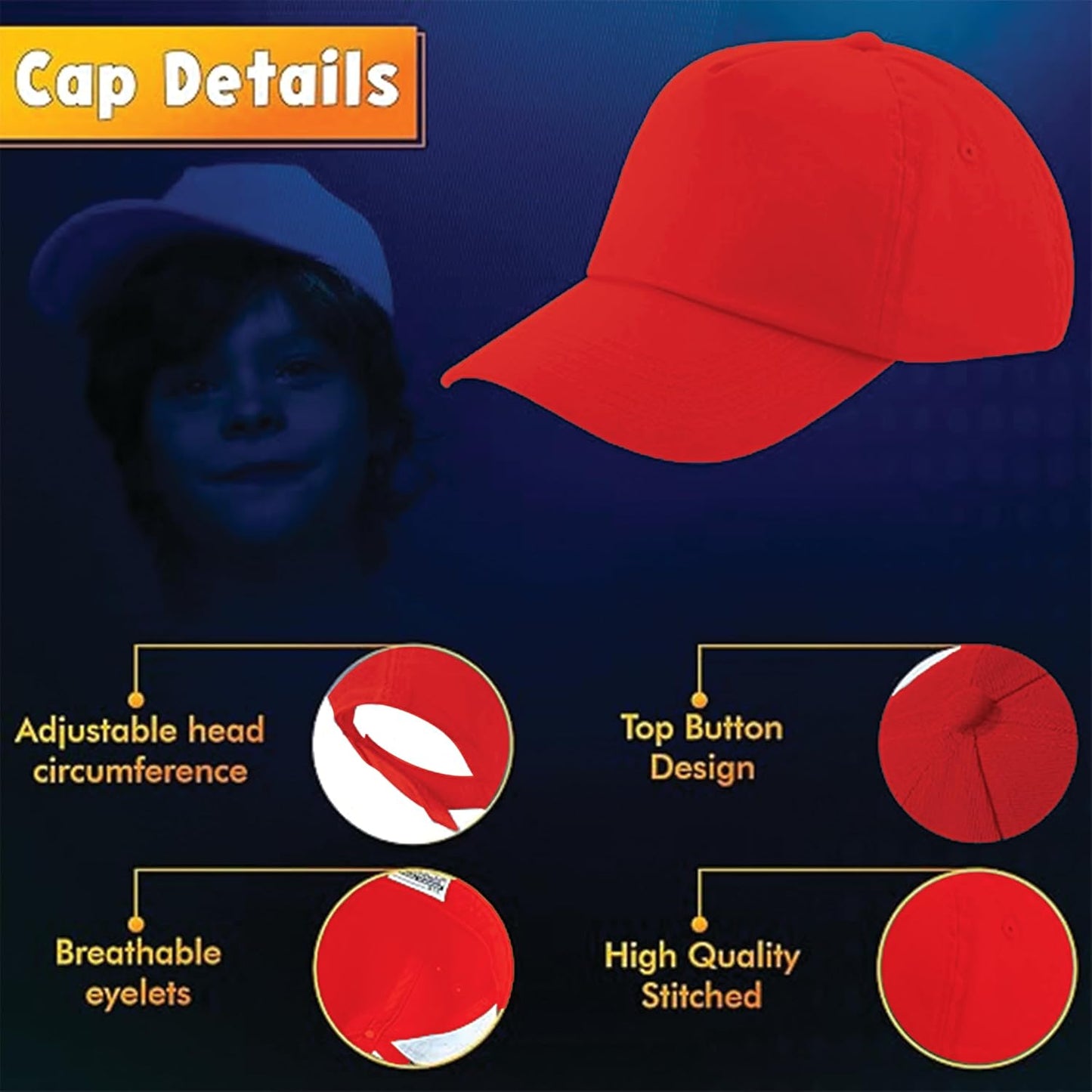 Yanek Kid's Baseball Cap with Velcro Closure Plain Cap for Boys & Girls | 100% Cotton, Ultra-Soft | Adjustable, Comfortable & UV protection 5-Panel