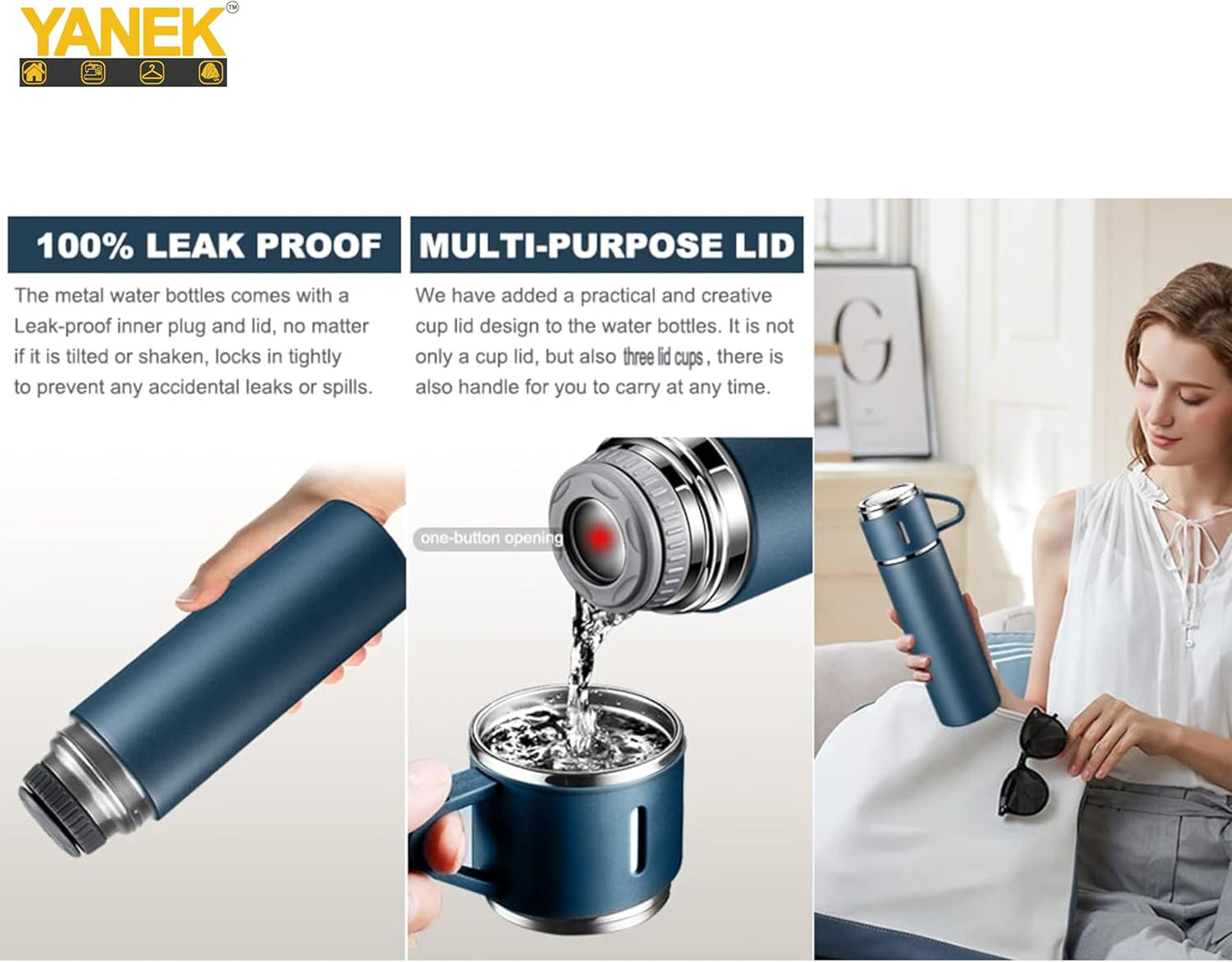 YANEK 500ml Stainless Steel Vacuum Thermos flask with Silicone Handle and Insulated Water bottle with 2 stainless steel cups set for Hot and Cold Outdoor travel | Gift box (1 PACK, PINK)