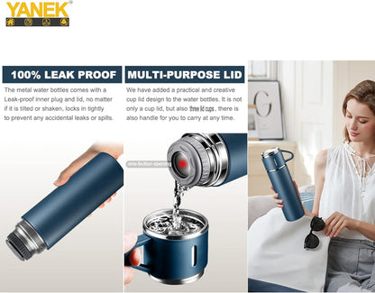 YANEK 500ml Stainless Steel Vacuum Thermos flask with Silicone Handle and Insulated Water bottle with 2 stainless steel cups set for Hot and Cold Outdoor travel | Gift box (1 PACK, PINK)