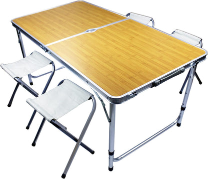 YANEK Folding Camping Table with 4 Foldable Chairs – Portable Wooden Top & Steel Frame Set | BBQ, Camping & Outdoor | Wholesale Outdoor Equipment UAE.