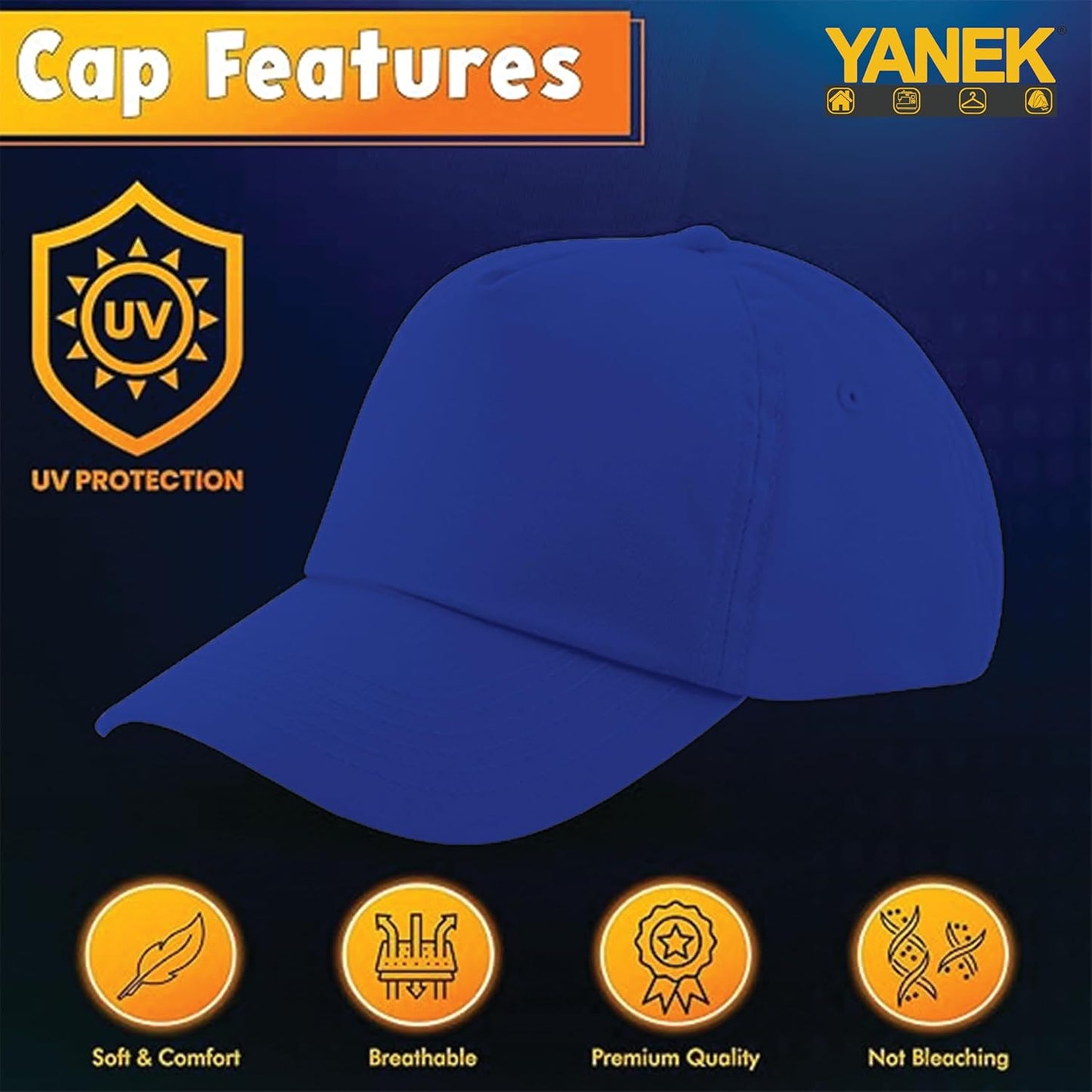 Yanek Kid's Baseball Cap with Velcro Closure Plain Cap for Boys & Girls | 100% Cotton, Ultra-Soft | Adjustable, Comfortable & UV protection 5-Panel