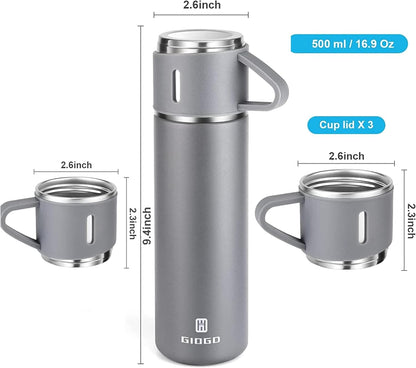 YANEK 500ml Stainless Steel Vacuum Thermos flask with Silicone Handle and Insulated Water bottle with 2 stainless steel cups set for Hot and Cold Outdoor travel | Gift box (1 PACK, PINK)