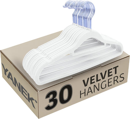 YANEK Non-Slip Velvet Hangers | Ultra Thin | Heavy Duty | 360° Rotating Hook | For Suit, Dress, Shirts (White, 50)