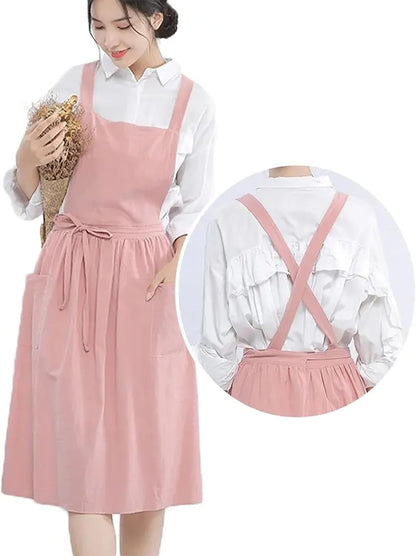 YANEK Cotton Linen Kitchen Apron for Women Durable, Washable, Comfortable and Durable with Pockets and Adjustable Straps; Perfect for Cooking, Baking, Flower Shop, Work, Cleaning