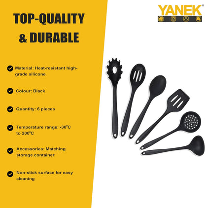Yanek 6-Piece Silicon Kitchen Utensil Set - Non-Scratch Slotted Spatula, Slotted Spoon, Spaghetti Server, Serving Spoon, Soup Ladle for Cooking, Stirring, & Serving - Perfect Nonstick Cookware (Black)