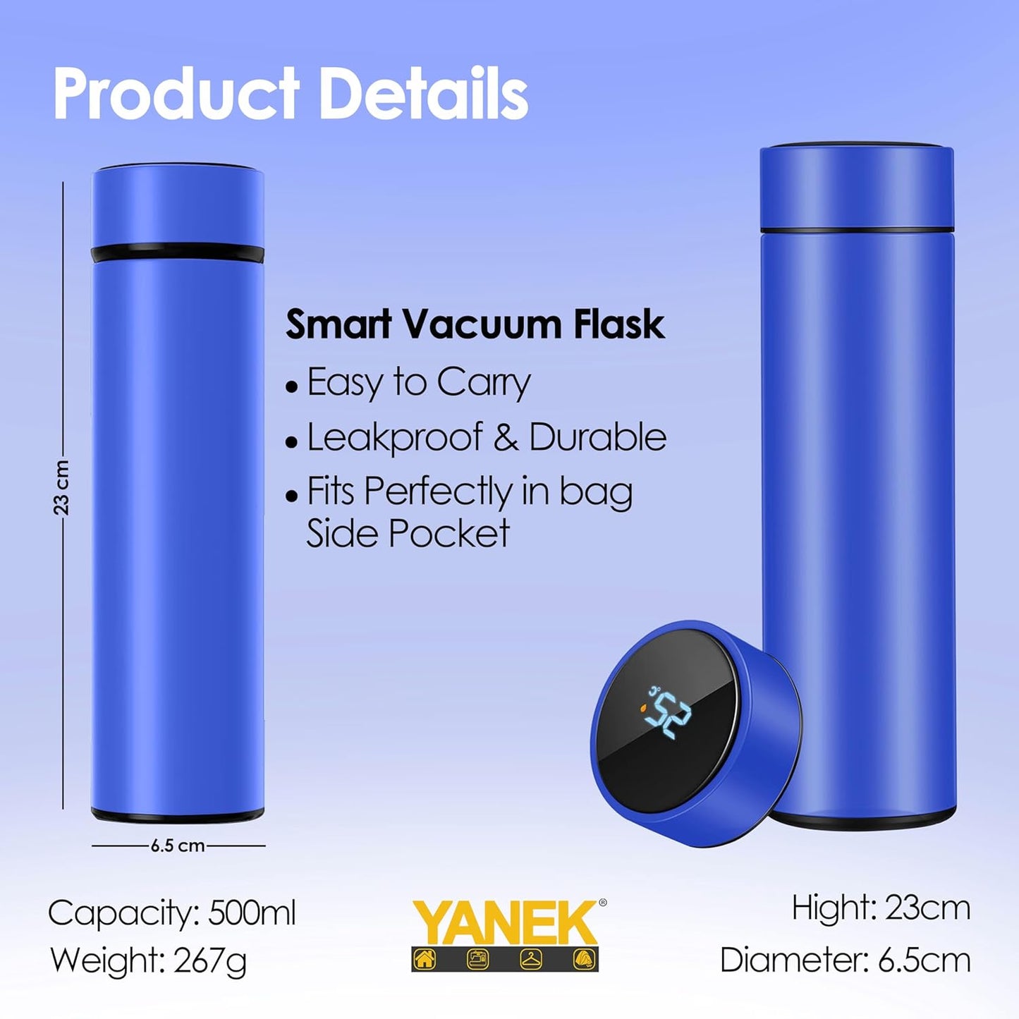 Yanek Smart Water Bottle Stainless Steel – Travel Mug with Smart LCD Touch Screen Temperature Display, Leak-Proof, Hot & Cold Beverage Flask, Ideal for Trave, Gym, Office, & Daily Use (BLACK)