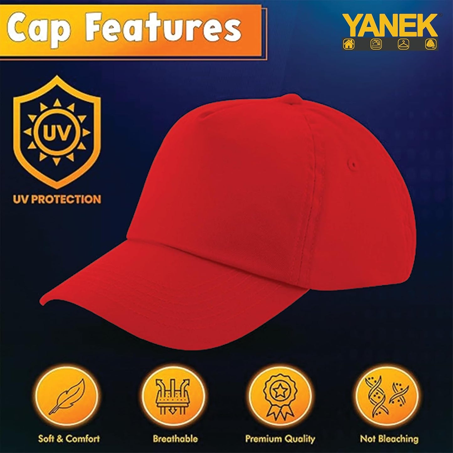 Yanek Kid's Baseball Cap with Velcro Closure Plain Cap for Boys & Girls | 100% Cotton, Ultra-Soft | Adjustable, Comfortable & UV protection 5-Panel