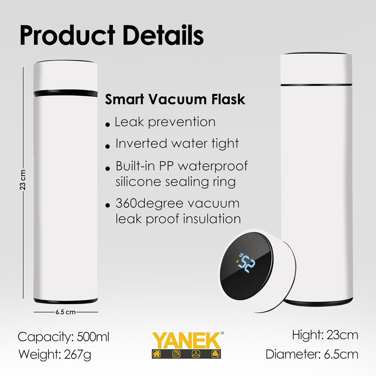 Yanek Smart Water Bottle Stainless Steel – Travel Mug with Smart LCD Touch Screen Temperature Display, Leak-Proof, Hot & Cold Beverage Flask, Ideal for Trave, Gym, Office, & Daily Use (BLACK)