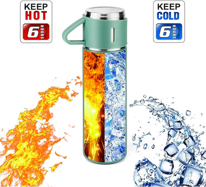 YANEK 500ml Stainless Steel Vacuum Thermos flask with Silicone Handle and Insulated Water bottle with 2 stainless steel cups set for Hot and Cold Outdoor travel | Gift box (1 PACK, PINK)