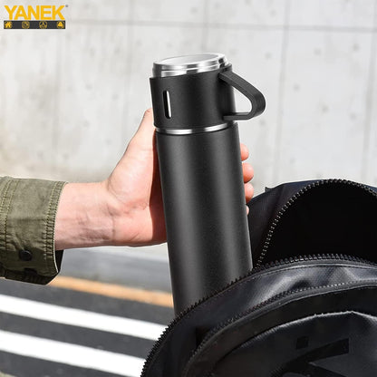 YANEK 500ml Stainless Steel Vacuum Thermos flask with Silicone Handle and Insulated Water bottle with 2 stainless steel cups set for Hot and Cold Outdoor travel | Gift box (1 PACK, PINK)