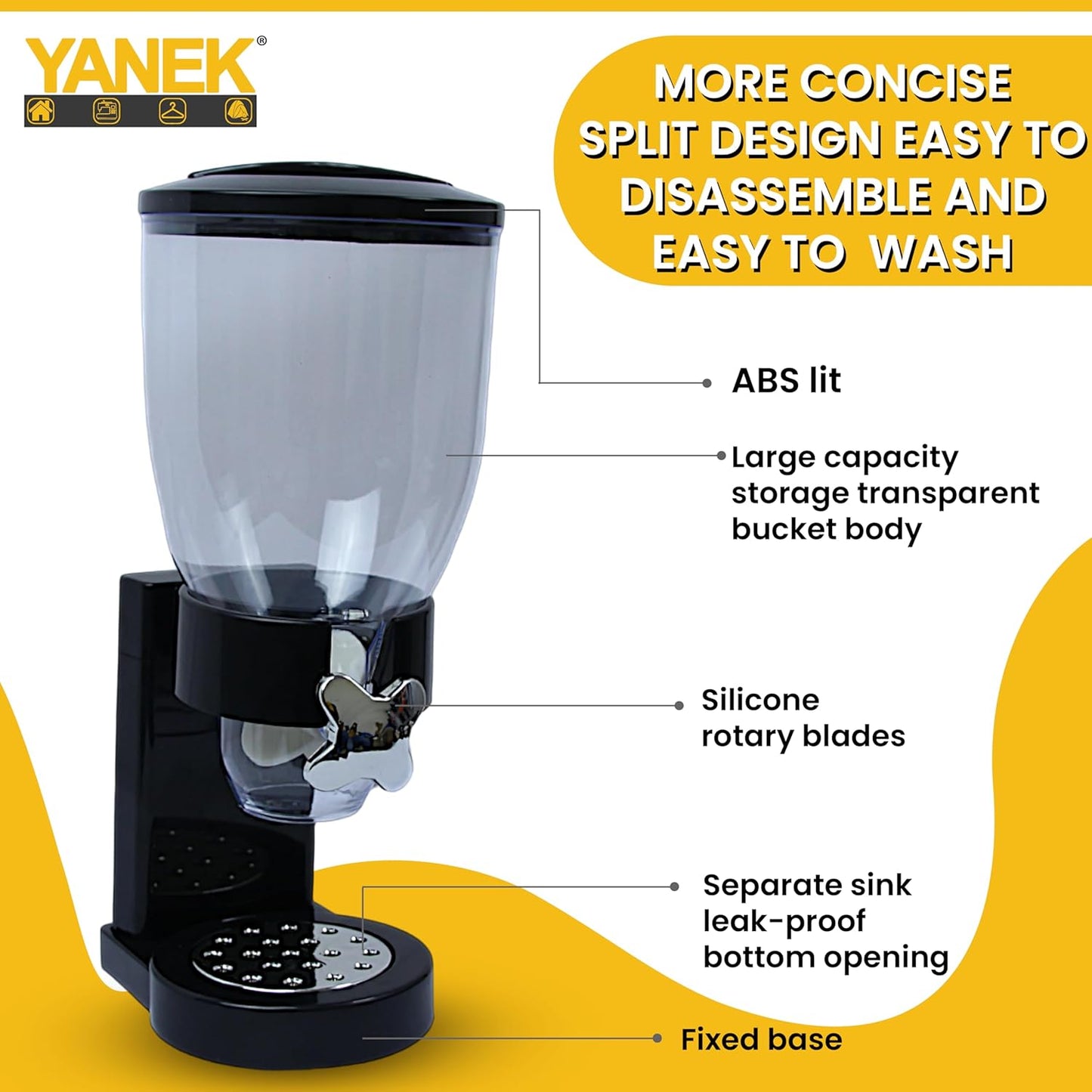 Yanek Cereal Dispenser - Airtight, Dual Compartment Food Storage Dispenser for Cereal, Granola, Snacks, and Dry Goods - Convenient and Durable Kitchen Organizer with Easy-Pour Spouts ‎2 Liters (Black)