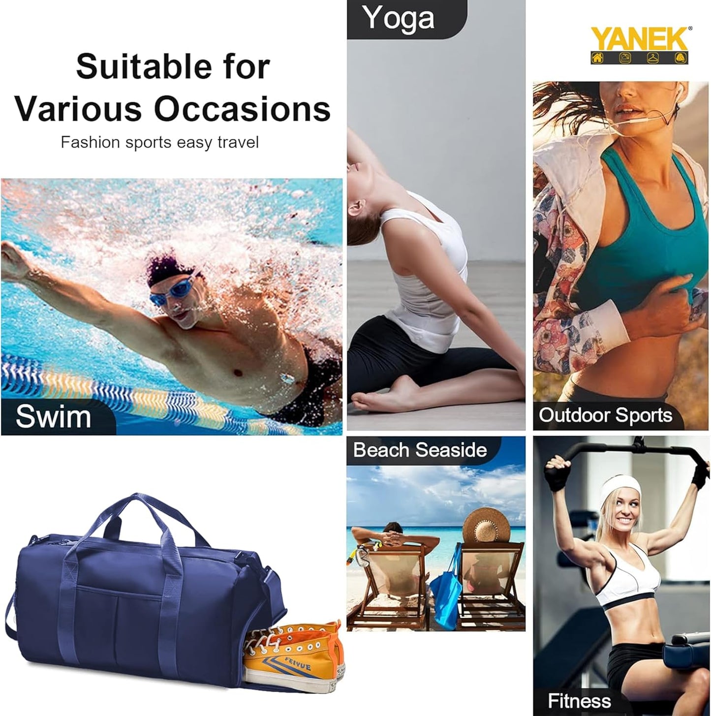 Yanek Travel Duffel Bag with Shoe Compartment – Sports Gym Bag with Waterproof Pocket for Wet Towels – Unisex Design (Pink)