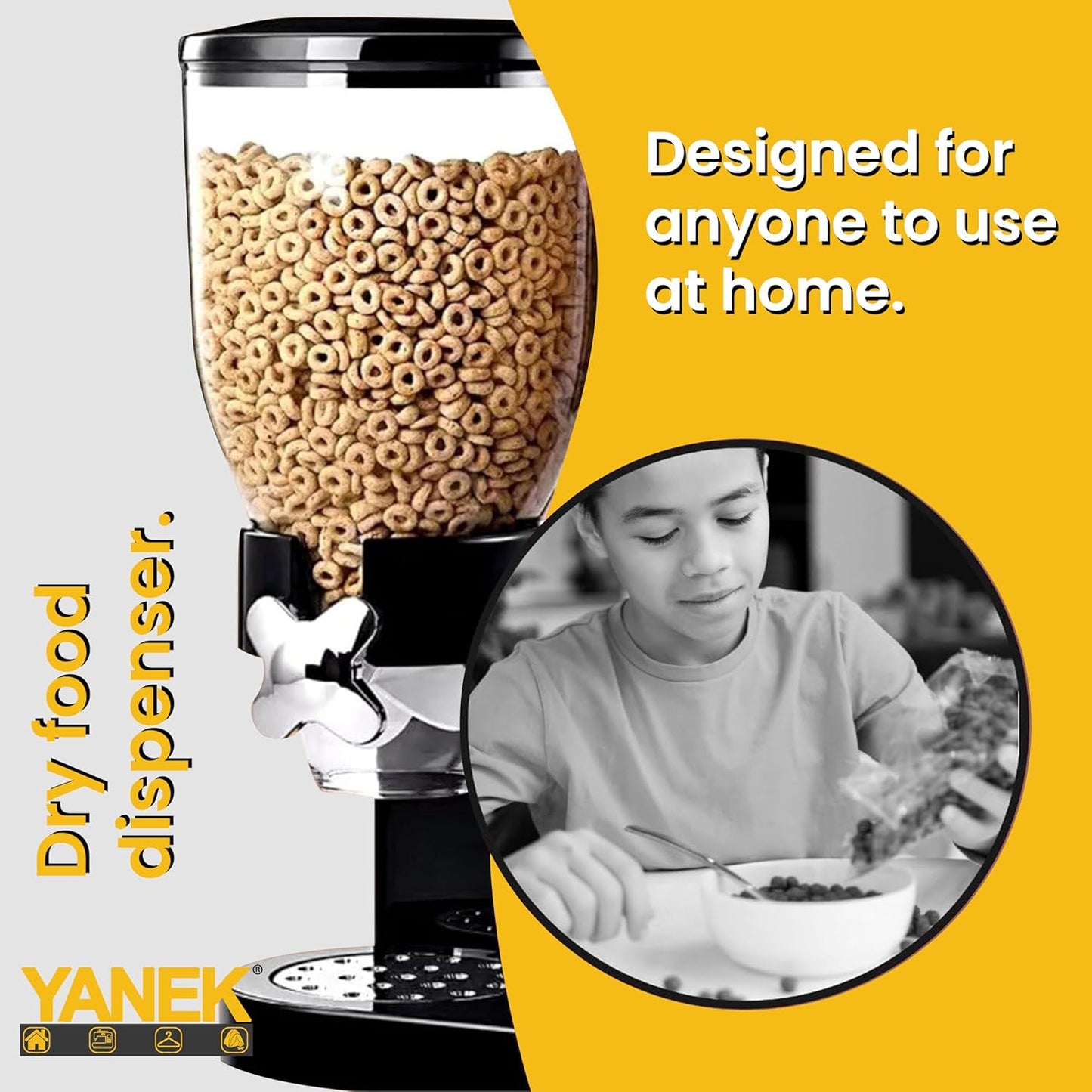 Yanek Cereal Dispenser - Airtight, Dual Compartment Food Storage Dispenser for Cereal, Granola, Snacks, and Dry Goods - Convenient and Durable Kitchen Organizer with Easy-Pour Spouts ‎2 Liters (Black)