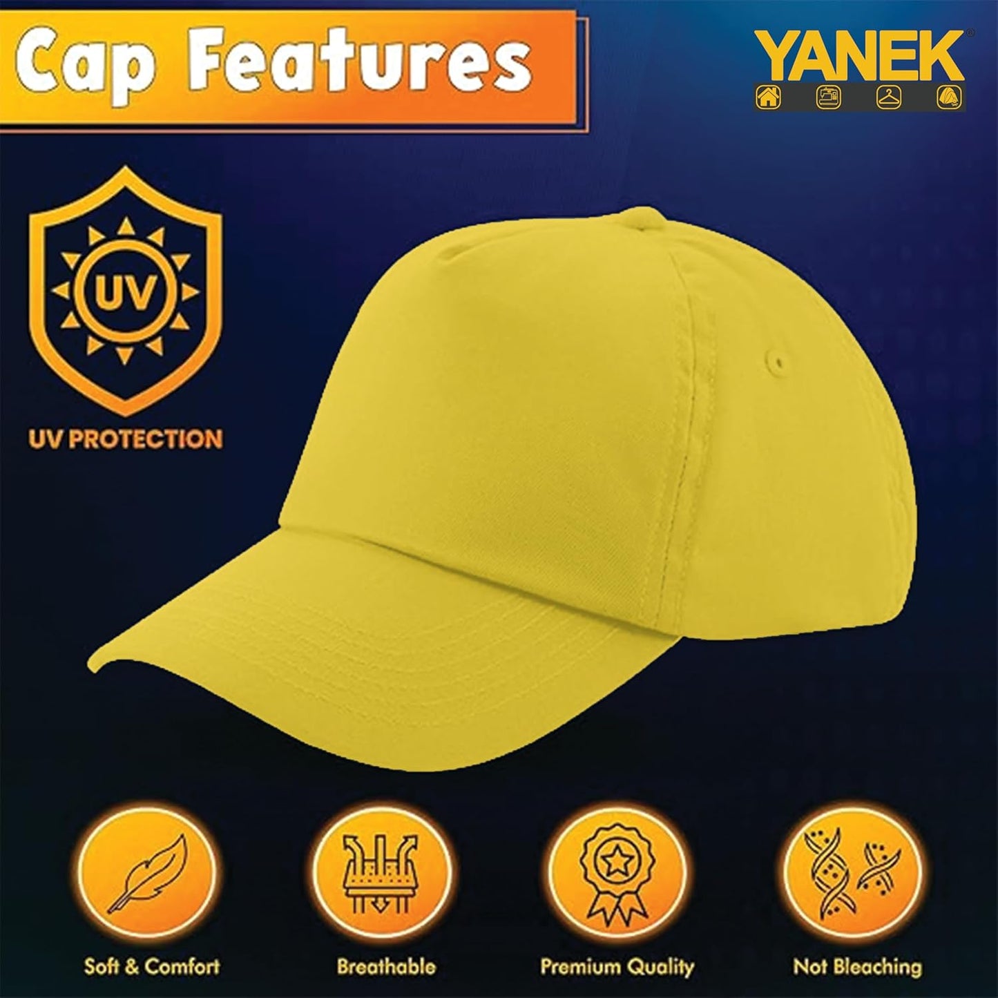 Yanek Kid's Baseball Cap with Velcro Closure Plain Cap for Boys & Girls | 100% Cotton, Ultra-Soft | Adjustable, Comfortable & UV protection 5-Panel