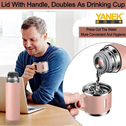 YANEK 500ml Stainless Steel Vacuum Thermos flask with Silicone Handle and Insulated Water bottle with 2 stainless steel cups set for Hot and Cold Outdoor travel | Gift box (1 PACK, PINK)