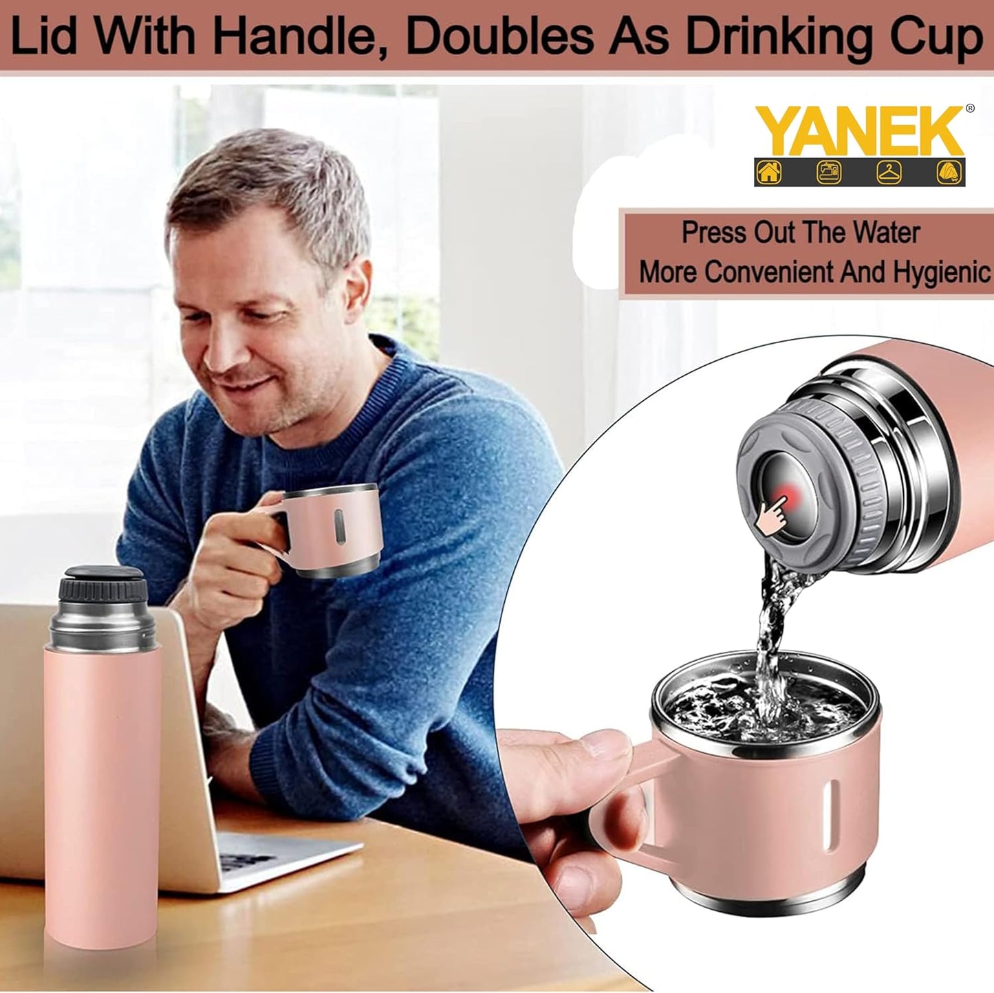 YANEK 500ml Stainless Steel Vacuum Thermos flask with Silicone Handle and Insulated Water bottle with 2 stainless steel cups set for Hot and Cold Outdoor travel | Gift box (1 PACK, PINK)