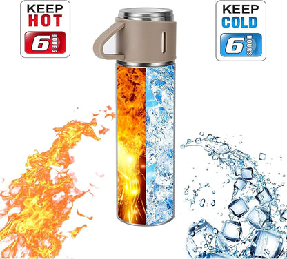 YANEK 500ml Stainless Steel Vacuum Thermos flask with Silicone Handle and Insulated Water bottle with 2 stainless steel cups set for Hot and Cold Outdoor travel | Gift box (1 PACK, PINK)