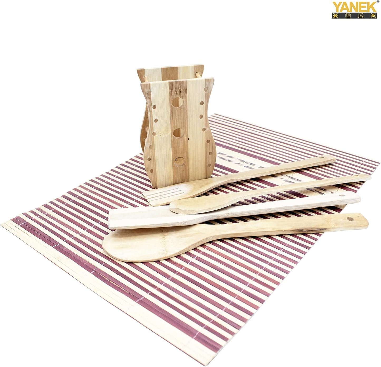 YANEK Bamboo Wooden Cutlery Set | 5 Piece Set with 1 Stand | Wooden Kitchen Utensils | Spoon, Spatula, Slotted Spoon, Turner & Mat