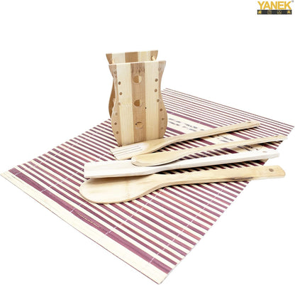 YANEK Bamboo Wooden Cutlery Set | 5 Piece Set with 1 Stand | Wooden Kitchen Utensils | Spoon, Spatula, Slotted Spoon, Turner & Mat