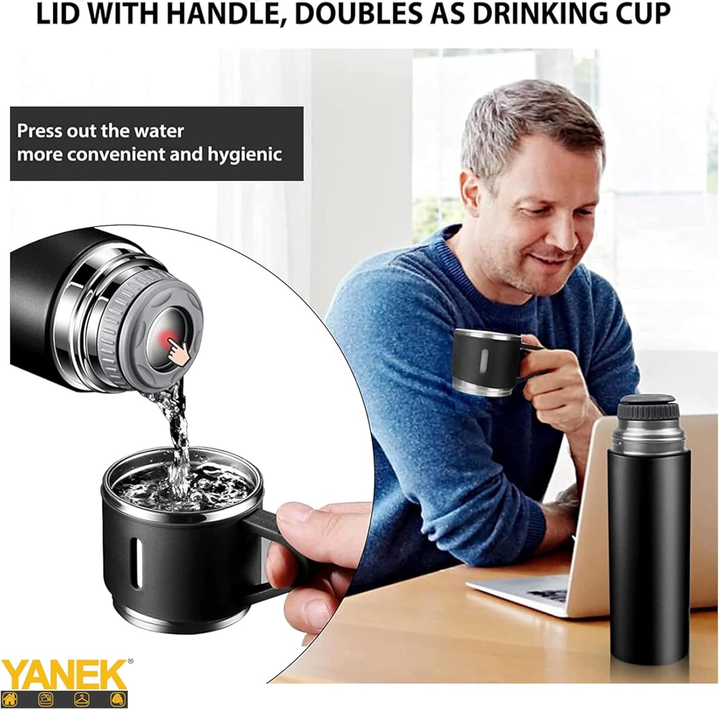 YANEK 500ml Stainless Steel Vacuum Thermos flask with Silicone Handle and Insulated Water bottle with 2 stainless steel cups set for Hot and Cold Outdoor travel | Gift box (1 PACK, PINK)