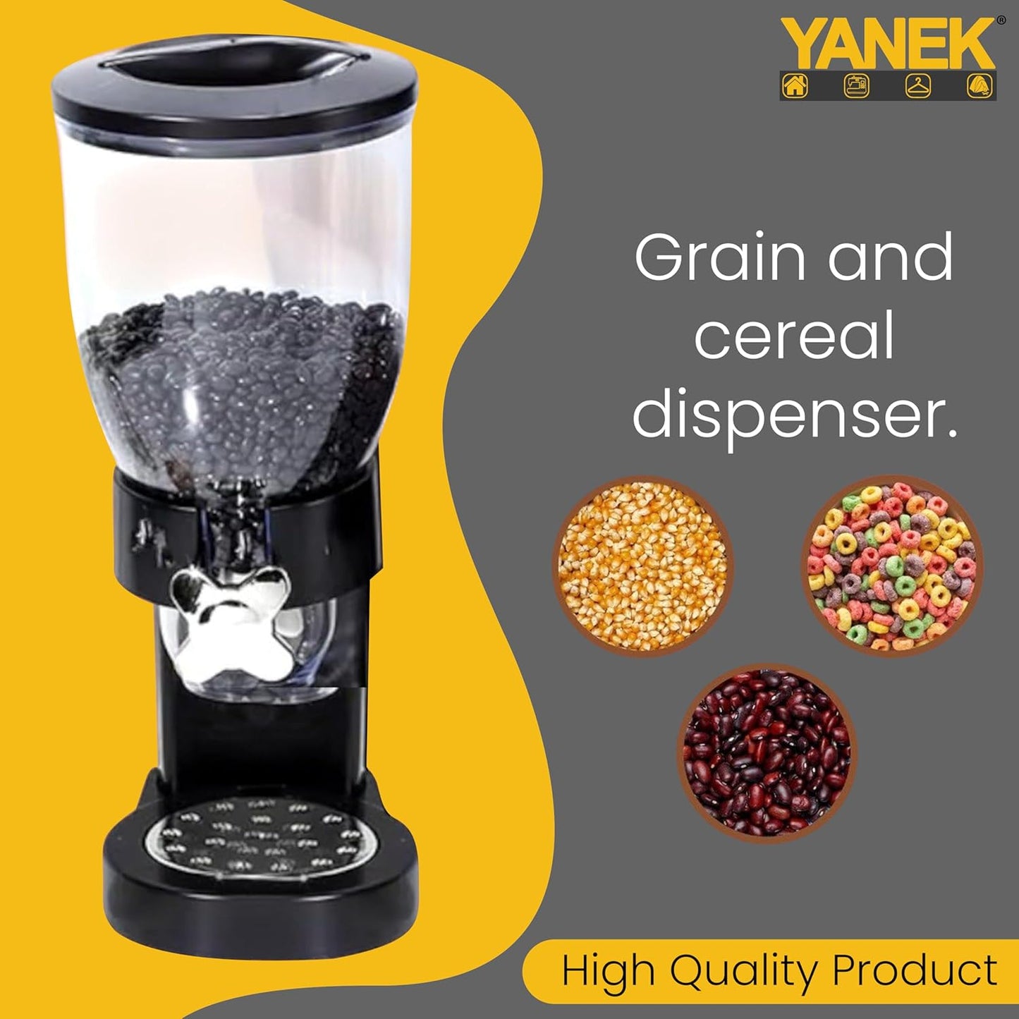 Yanek Cereal Dispenser - Airtight, Dual Compartment Food Storage Dispenser for Cereal, Granola, Snacks, and Dry Goods - Convenient and Durable Kitchen Organizer with Easy-Pour Spouts ‎2 Liters (Black)