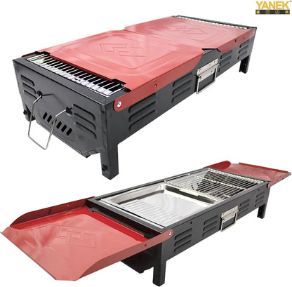 YANEK Stainless Steel Charcoal BBQ Grill – Large Foldable Portable Grill with Side Shelf & Storage Basket (68x66.5x30 cm) | Camping, Picnic & Outdoor Cooking | Wholesale BBQ Grills UAE.