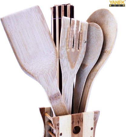 YANEK Bamboo Wooden Cutlery Set | 5 Piece Set with 1 Stand | Wooden Kitchen Utensils | Spoon, Spatula, Slotted Spoon, Turner & Mat
