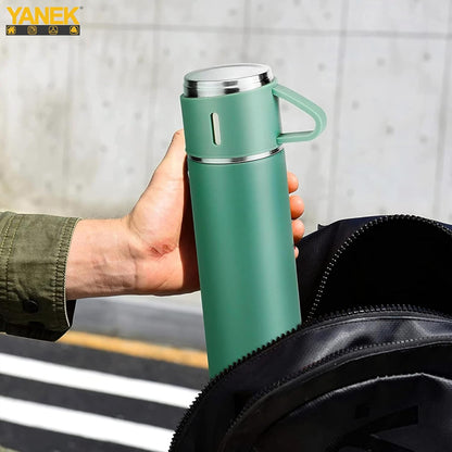 YANEK 500ml Stainless Steel Vacuum Thermos flask with Silicone Handle and Insulated Water bottle with 2 stainless steel cups set for Hot and Cold Outdoor travel | Gift box (1 PACK, PINK)