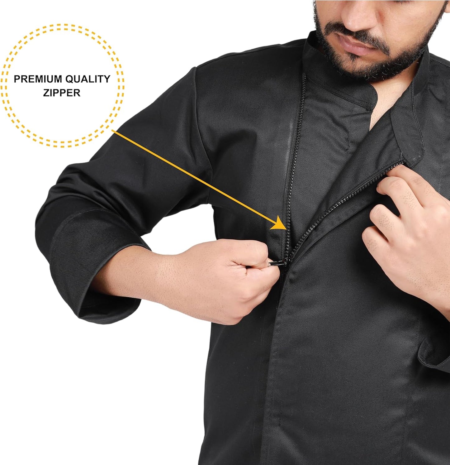 YANEK Men’s Chef Coat with Zipper – Breathable Cotton Blend, Durable Twill Fabric | Easy Care Kitchen Uniform | Wholesale Kitchen Uniforms UAE.