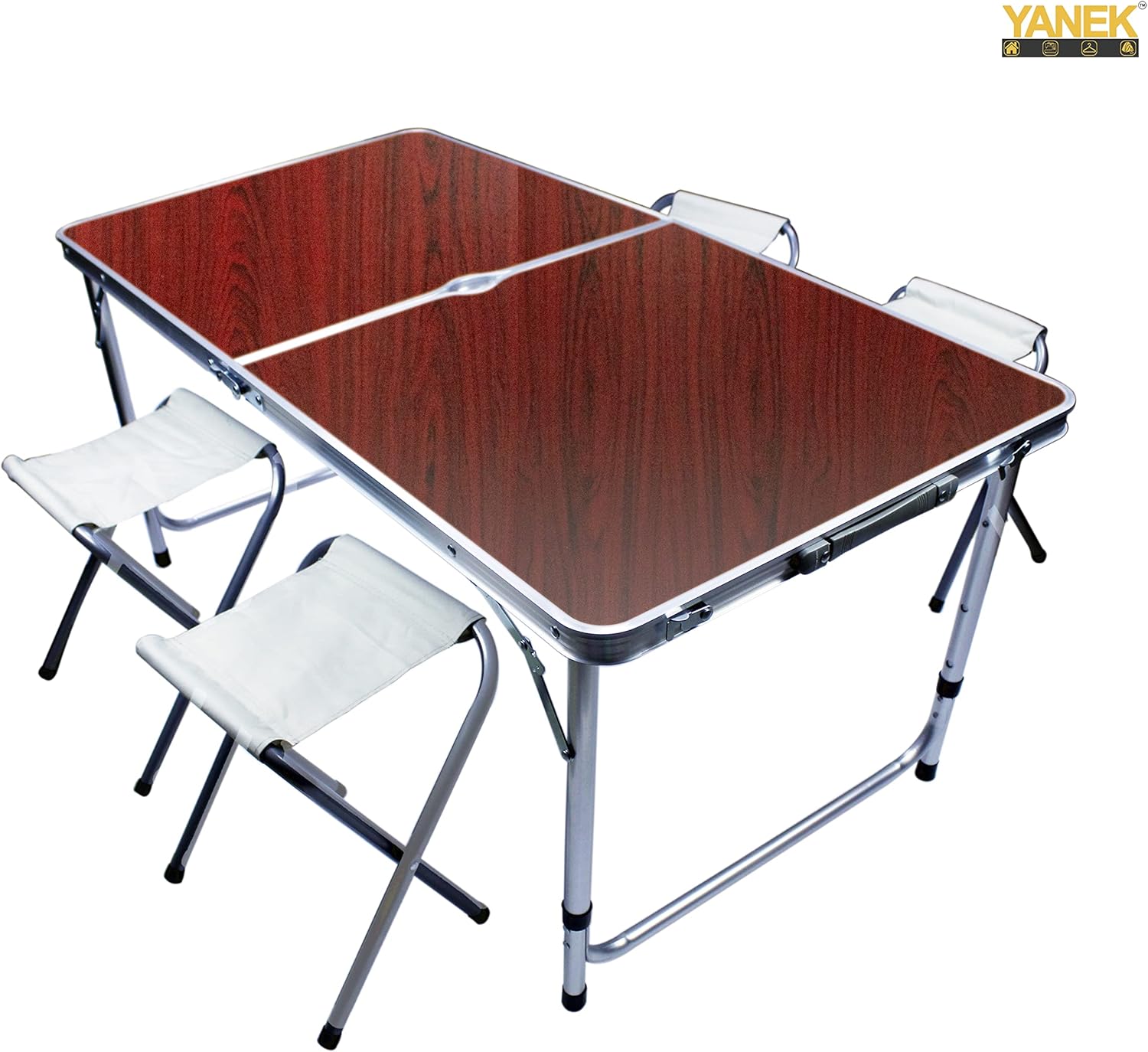 YANEK Folding Camping Table with 4 Foldable Chairs – Portable Wooden Top & Steel Frame Set | BBQ, Camping & Outdoor | Wholesale Outdoor Equipment UAE.