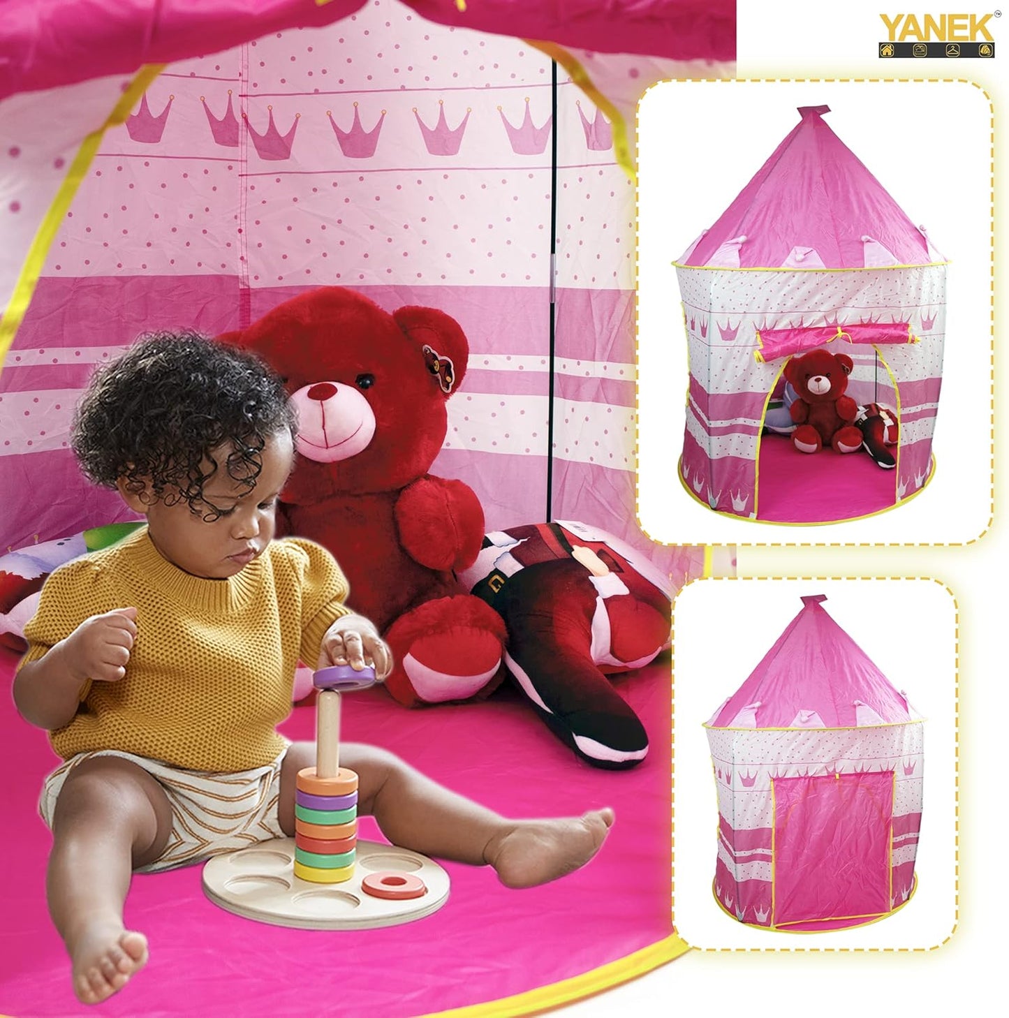 YANEK Kids Play Tent | Foldable Castle Playhouse | For Boys and Girls | For Indoor Games and Outdoor Camping | With Portable Carry Bag (Pink).