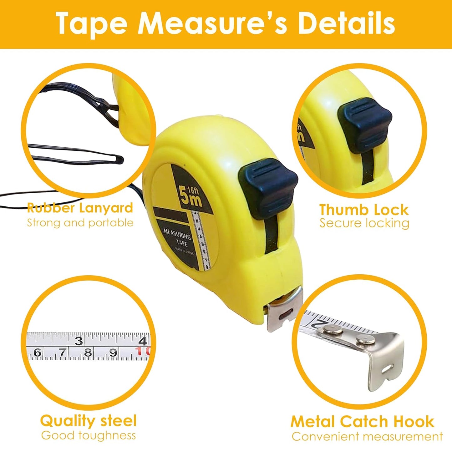 Yanek Steel Tape Measure with Auto Lock - Short Measuring Tape for Precision Measurements, Easy Read Markings, Compact Design & Easy Storage - Ideal for DIY, Construction, & Home Use (3M/10FT)