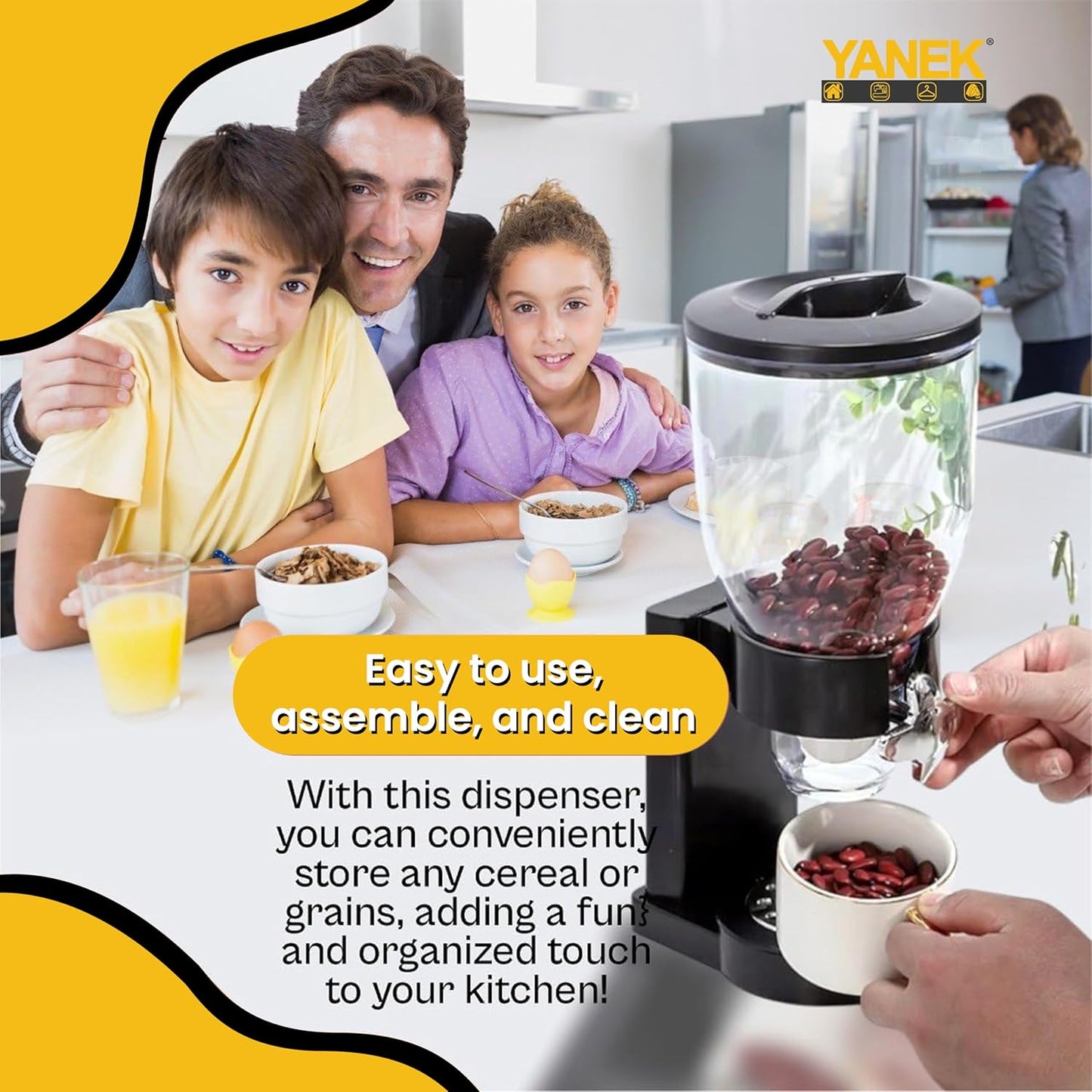 Yanek Cereal Dispenser - Airtight, Dual Compartment Food Storage Dispenser for Cereal, Granola, Snacks, and Dry Goods - Convenient and Durable Kitchen Organizer with Easy-Pour Spouts ‎2 Liters (Black)