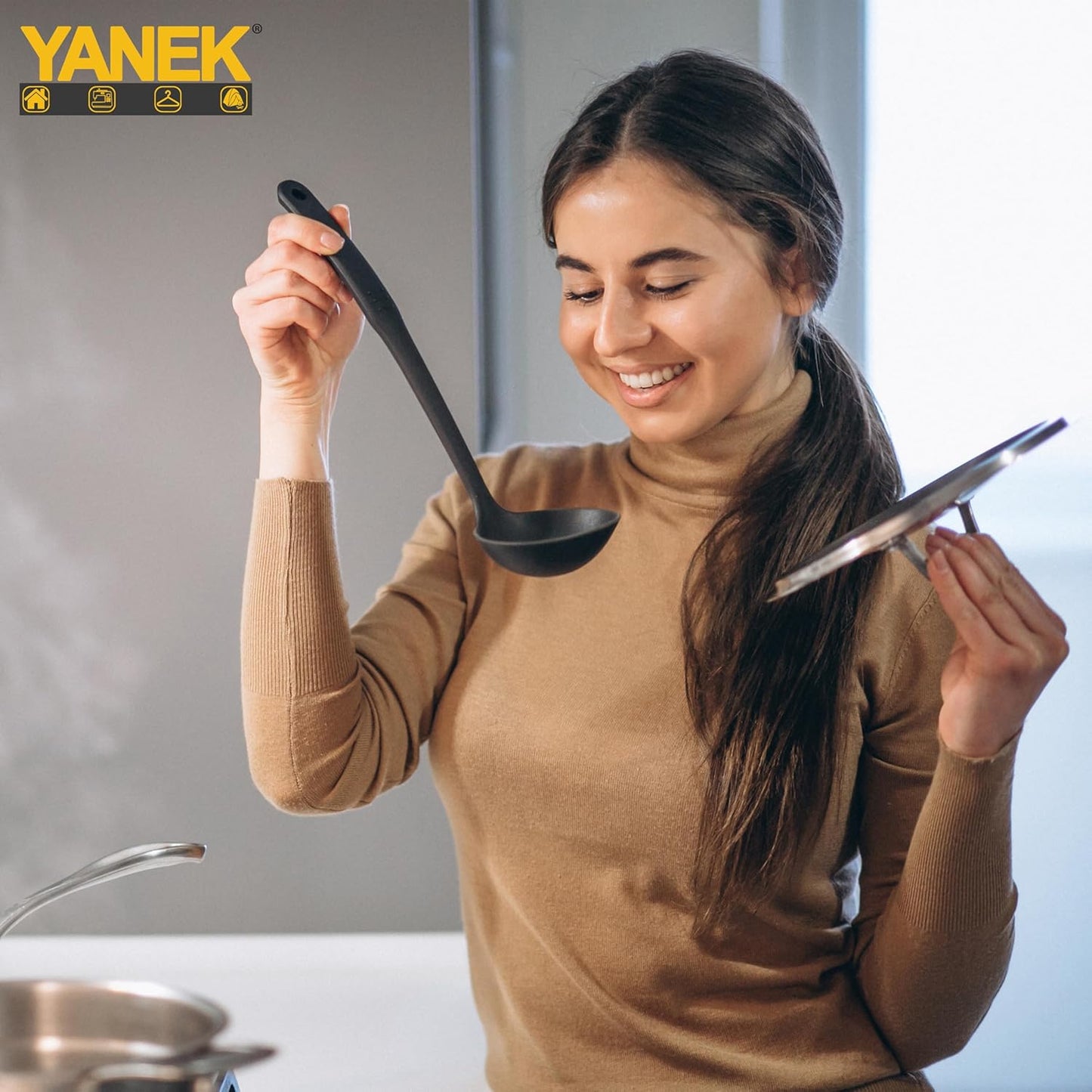 Yanek 6-Piece Silicon Kitchen Utensil Set - Non-Scratch Slotted Spatula, Slotted Spoon, Spaghetti Server, Serving Spoon, Soup Ladle for Cooking, Stirring, & Serving - Perfect Nonstick Cookware (Black)