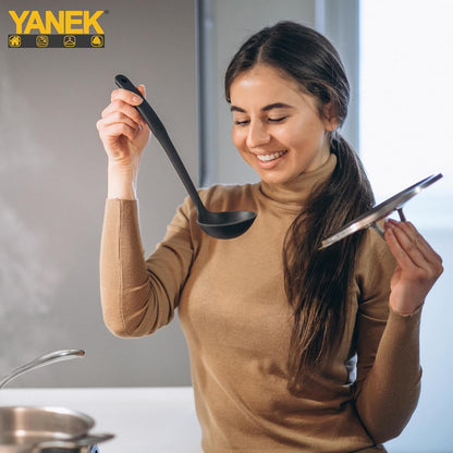 Yanek 6-Piece Silicon Kitchen Utensil Set - Non-Scratch Slotted Spatula, Slotted Spoon, Spaghetti Server, Serving Spoon, Soup Ladle for Cooking, Stirring, & Serving - Perfect Nonstick Cookware (Black)
