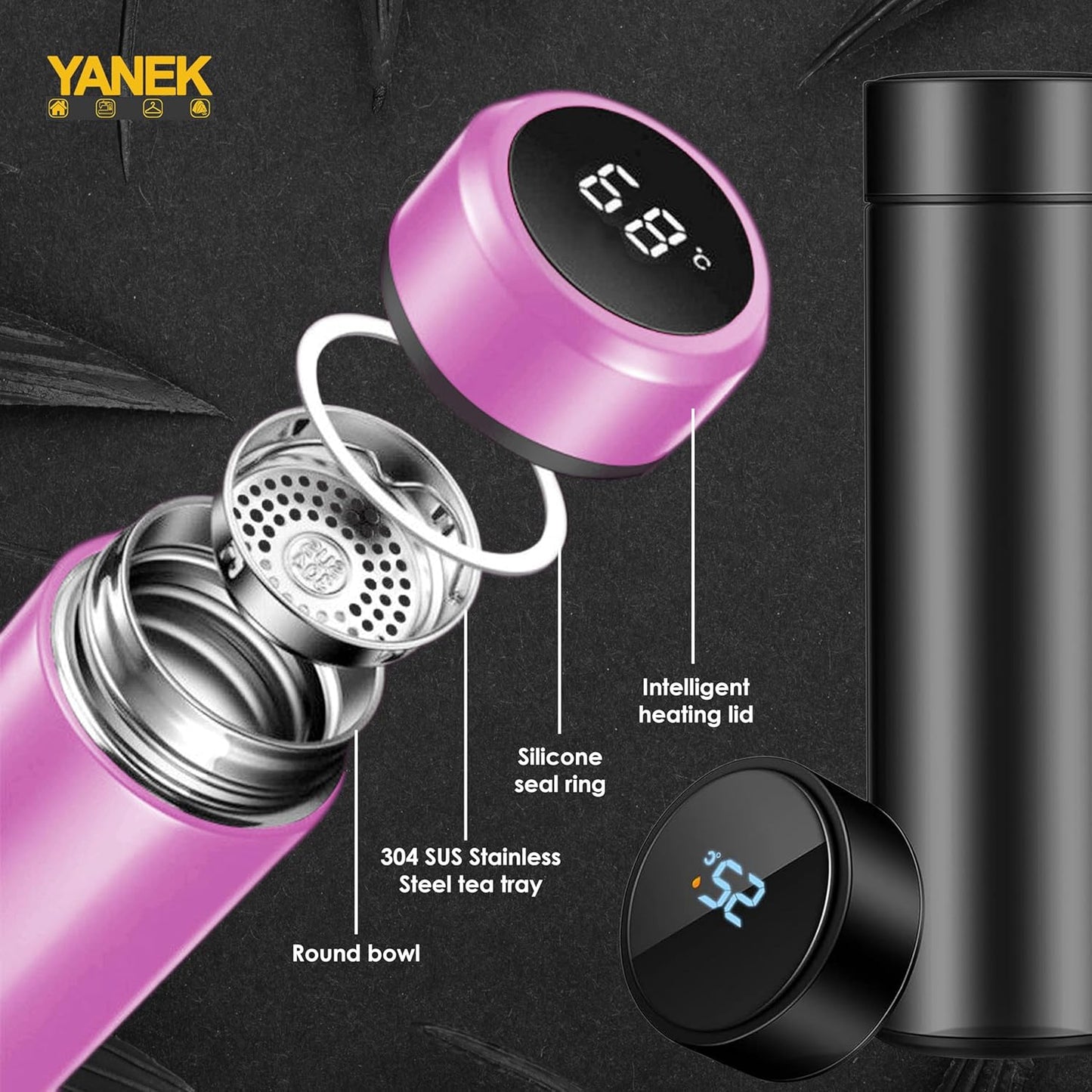 Yanek Smart Water Bottle Stainless Steel – Travel Mug with Smart LCD Touch Screen Temperature Display, Leak-Proof, Hot & Cold Beverage Flask, Ideal for Trave, Gym, Office, & Daily Use (BLACK)