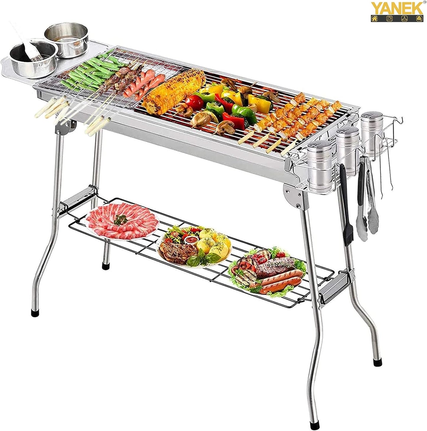 YANEK Stainless Steel Charcoal BBQ Grill – Large Foldable Portable Grill with Side Shelf & Storage Basket (68x66.5x30 cm) | Camping, Picnic & Outdoor Cooking | Wholesale BBQ Grills UAE.