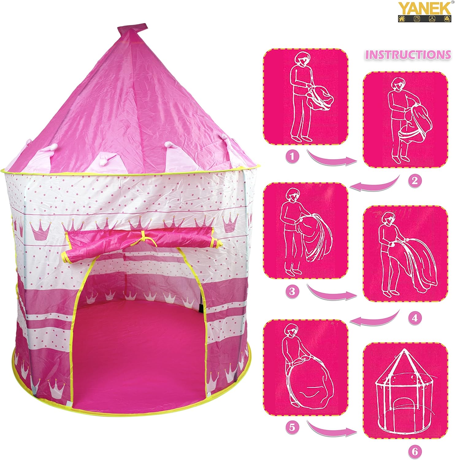 YANEK Kids Play Tent | Foldable Castle Playhouse | For Boys and Girls | For Indoor Games and Outdoor Camping | With Portable Carry Bag (Pink).
